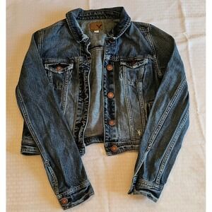 American Eagle Denim Jacket Womens m Blue Distressed Cropped Trucker Jean Jacket